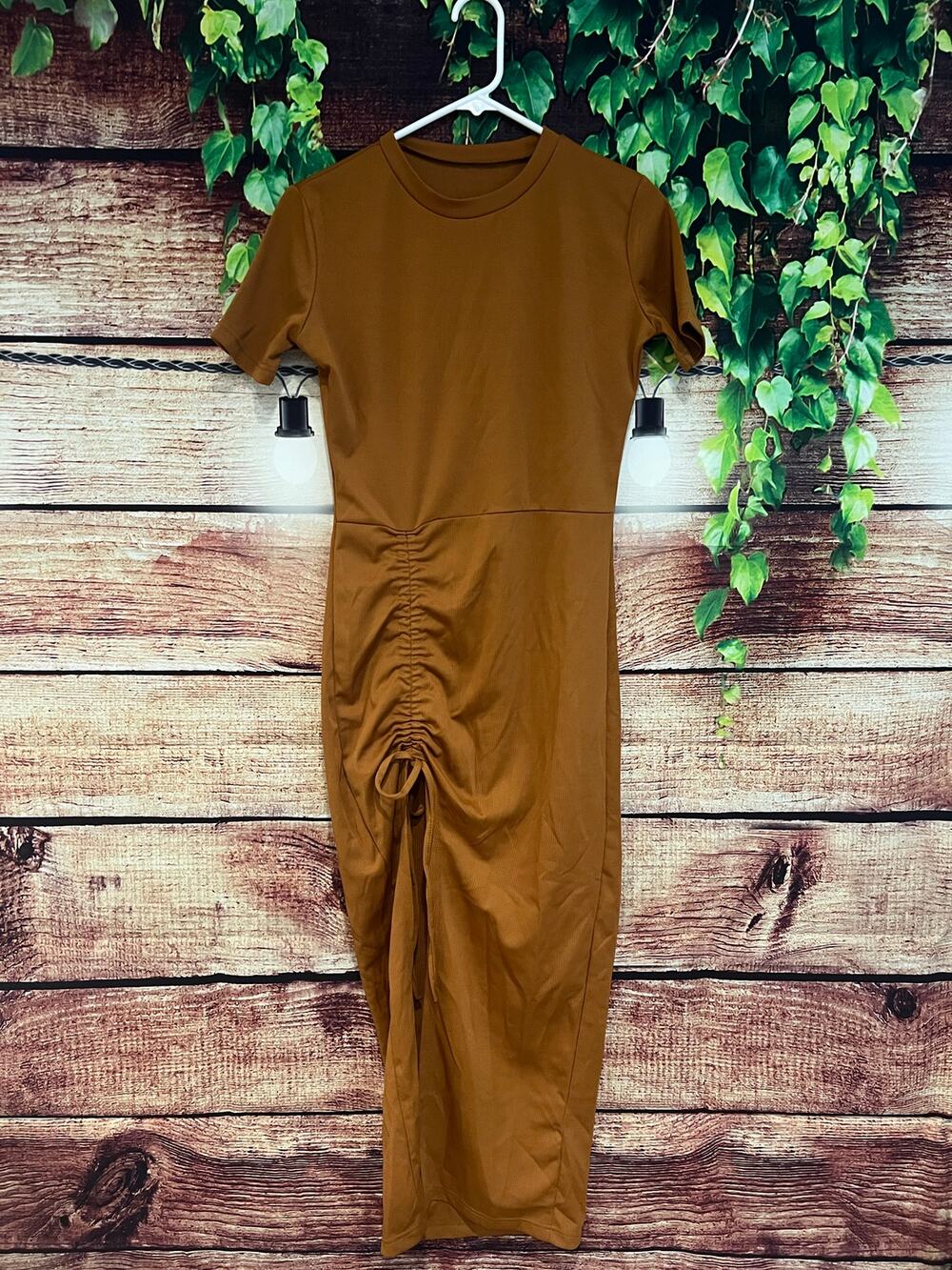 Free People Maxi Dress Bodycon Cinch Tie Slit Rust Orange Minimalist Fall Small